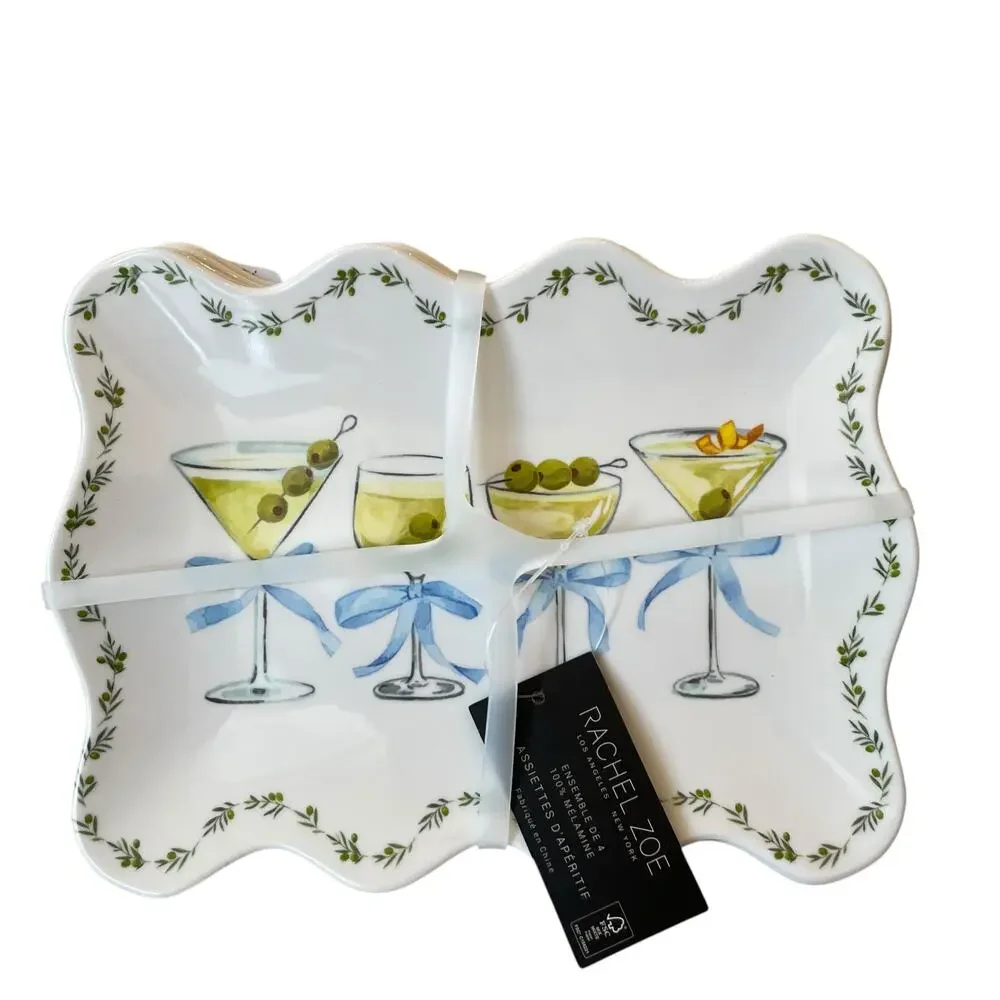 Rachel Zoe Cocktails & Bows Melamine Appetizer Plates 9x6 Set of 4 Scalloped NEW